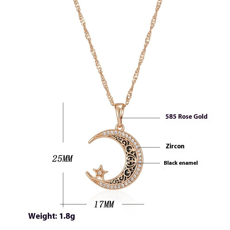 Rose Gold Star Moon Necklace Women's Mild Luxury Retro Design Enamel Zircon Pendant