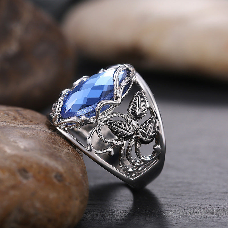 Horse Eye-shaped Blue Crystal Ring Alloy Women's