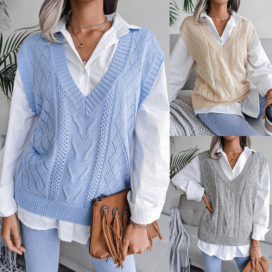 Hollowed-out Twisted V-neck Knitted Vest Sweater For Women