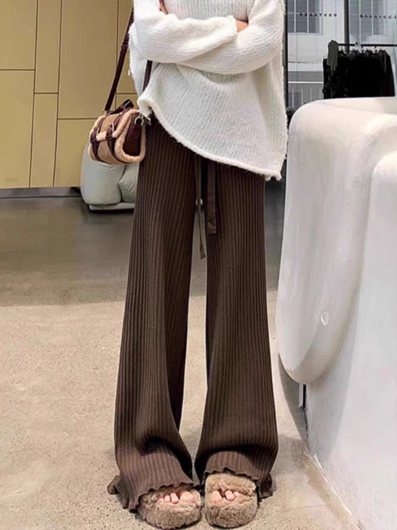 Wooden Ear Elastic High Waist Lace-up White Knitted Fabric All-match Wide Leg Pants