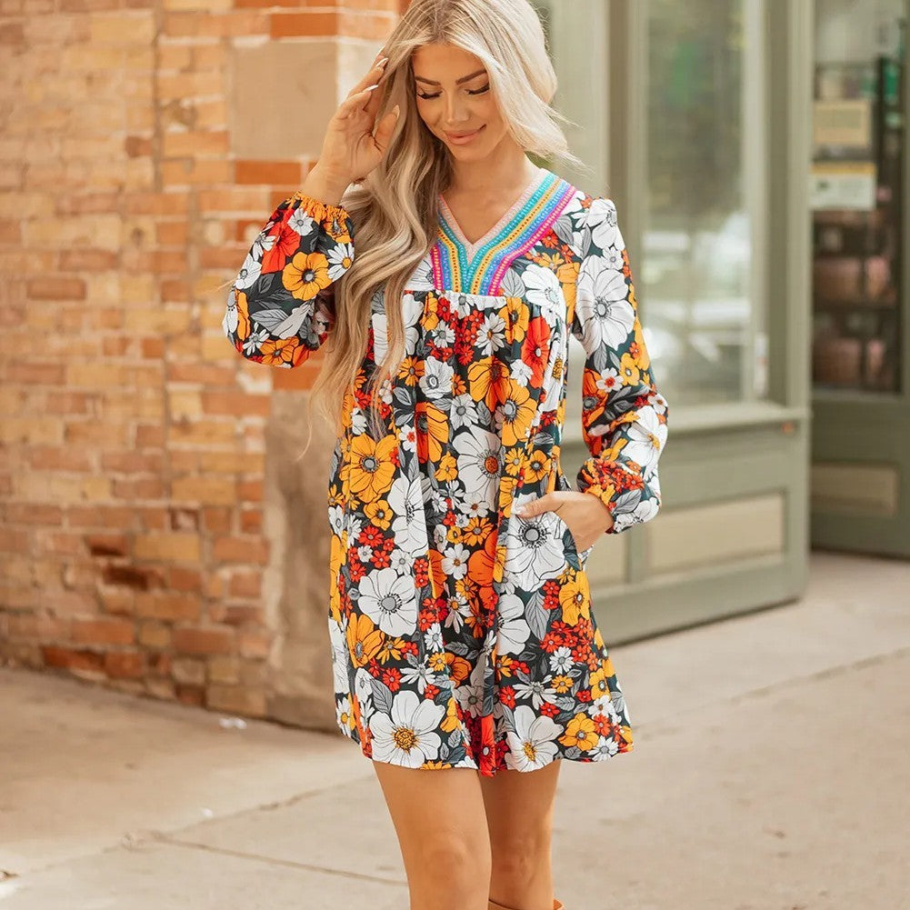 Orange Floral Print Striped Lace V Neck Long Sleeve Mini Dress