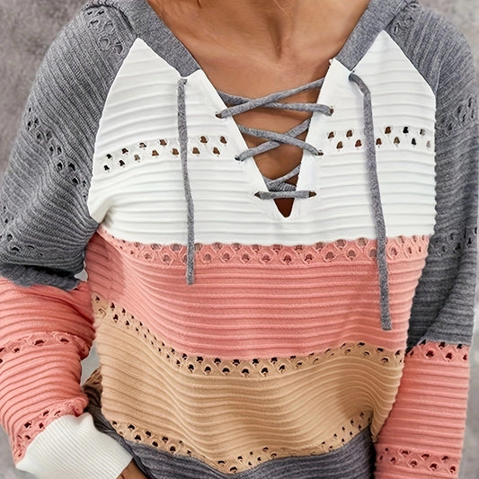 Striped Hooded Knitted Pullover Women's Casual All-matching Hollow Sweater