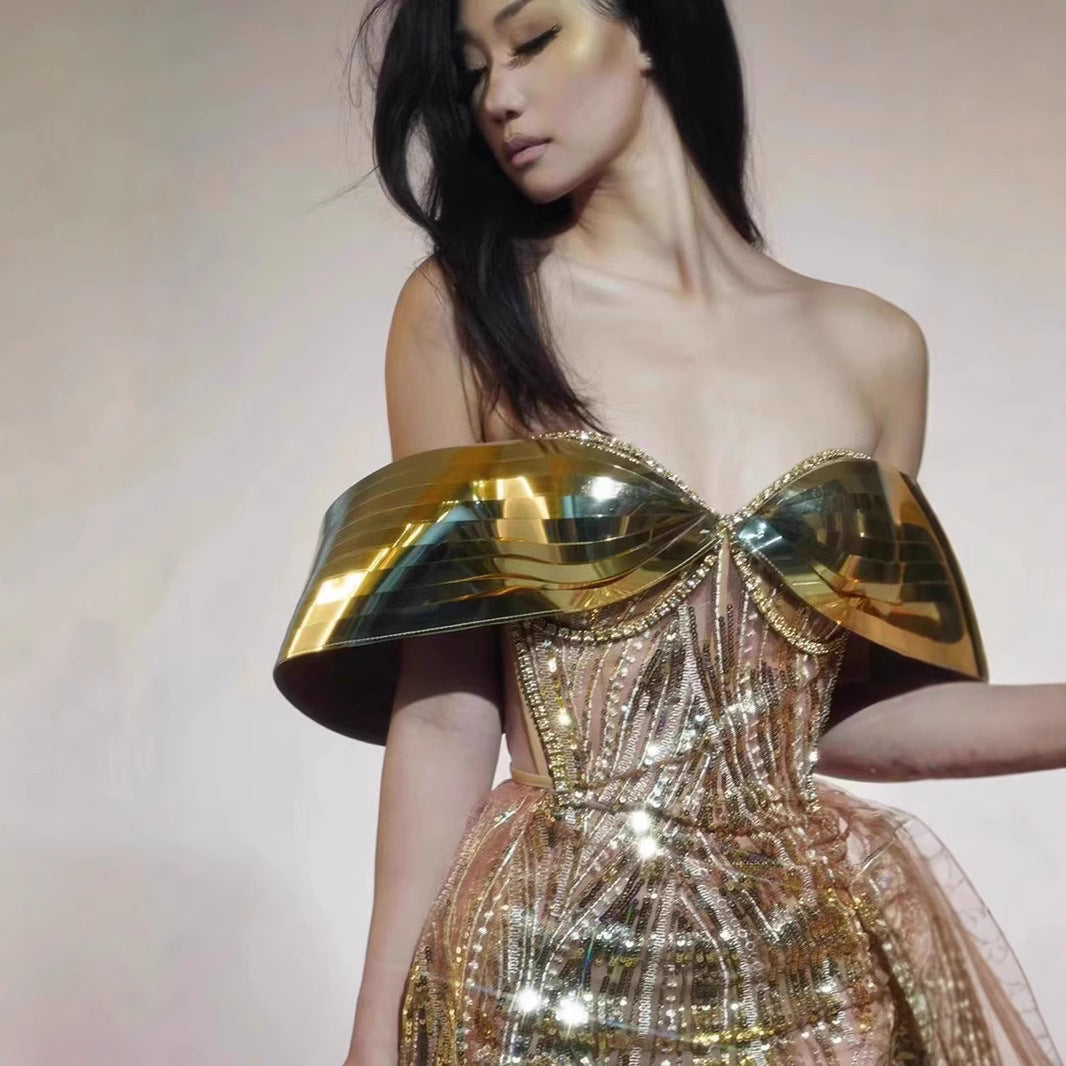 Gold Strapless Sequined Split Dress Women Tube Top Tulle