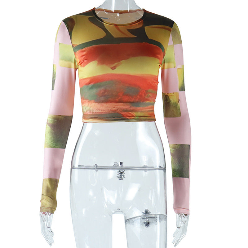 Fashion Tie-dye Printed Round Neck Long Sleeves Cropped Top T-shirt