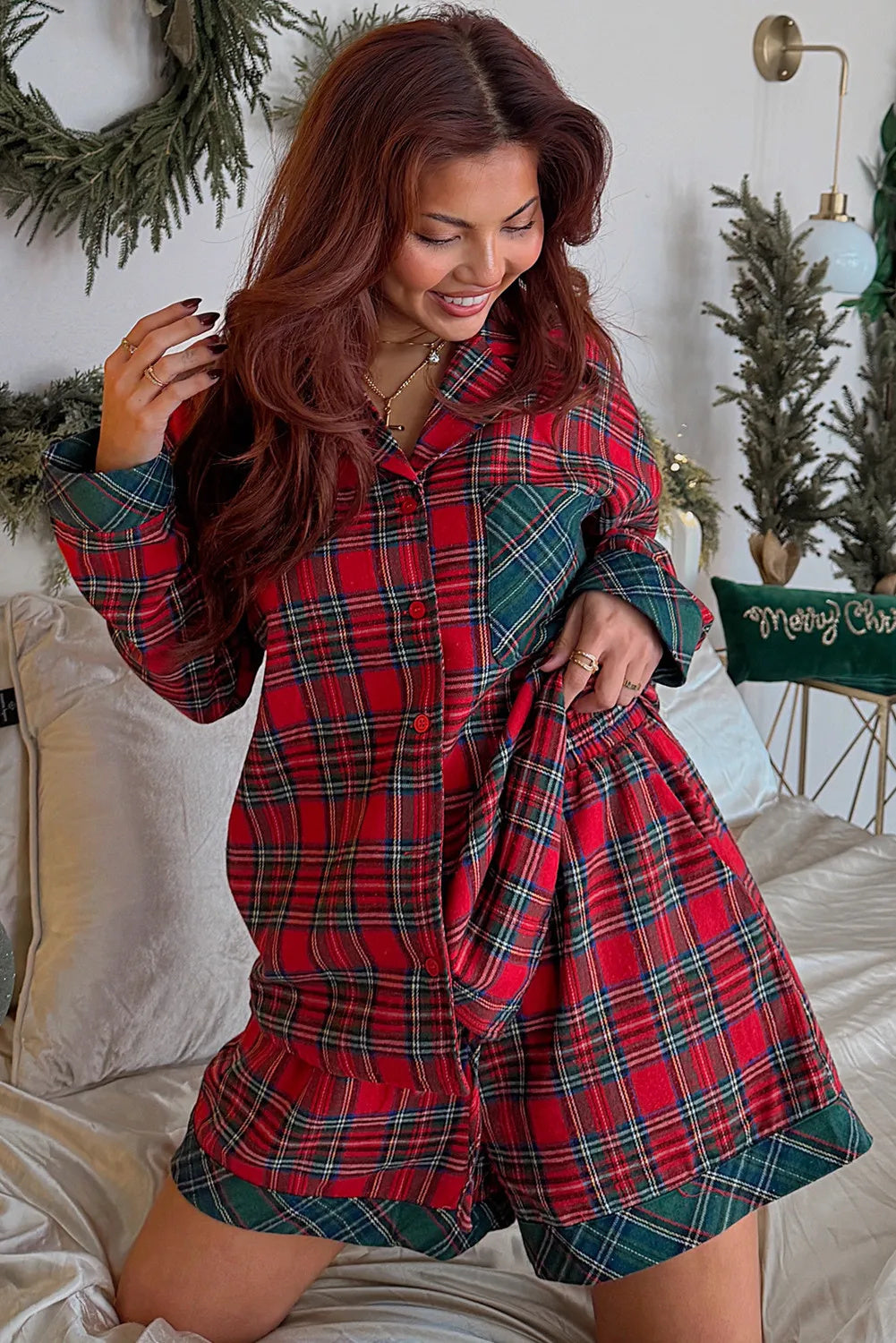 Red Plaid Contrast Patched Christmas Holiday Long Sleeve Shirt And Short 2pcs Pajama Set