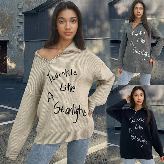 Women's Loose Lapels Pullover Retro Turtleneck Oblique Zipper Sweater