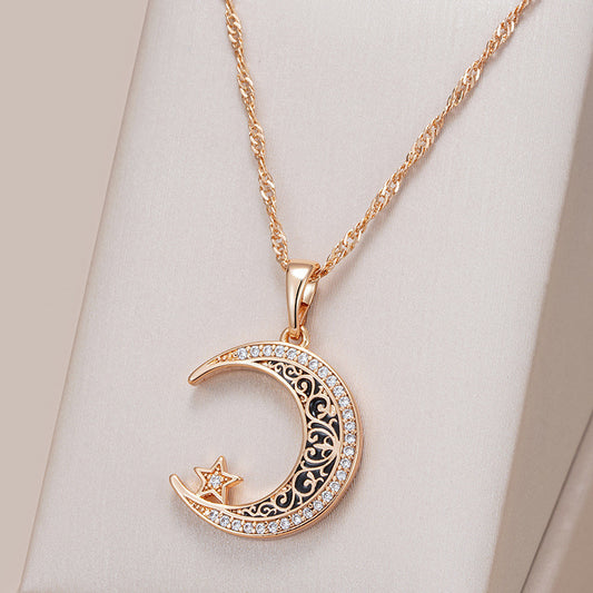 Rose Gold Star Moon Necklace Women's Mild Luxury Retro Design Enamel Zircon Pendant