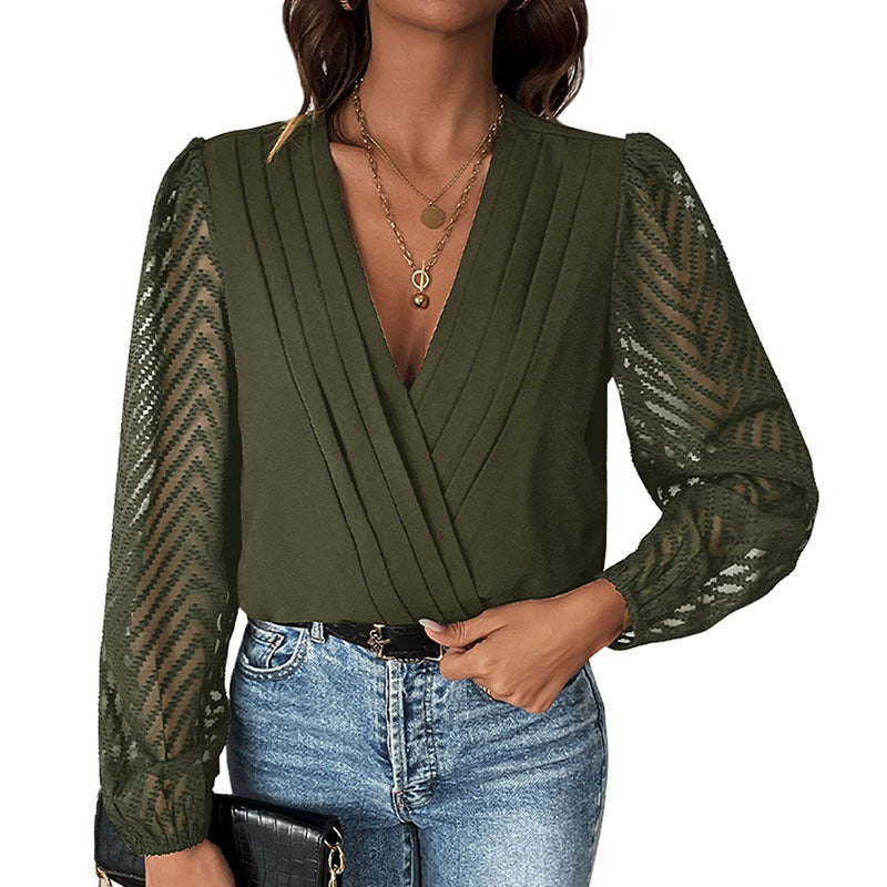 All-matching Solid Color And V-neck Pleated Lace See-through Long-sleeved Jumpsuit