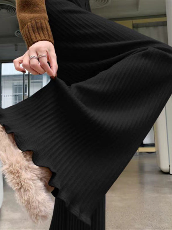 Wooden Ear Elastic High Waist Lace-up White Knitted Fabric All-match Wide Leg Pants