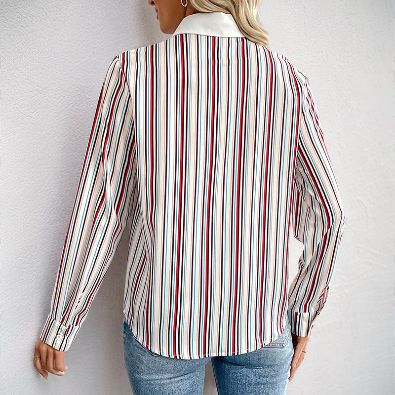 Lapel Color Vertical Striped Shirt For Women