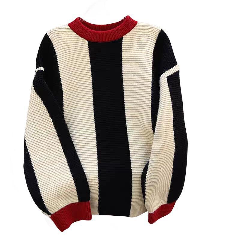 Women's Contrast Color Knitted Wool Tops Round Neck Striped Sweater