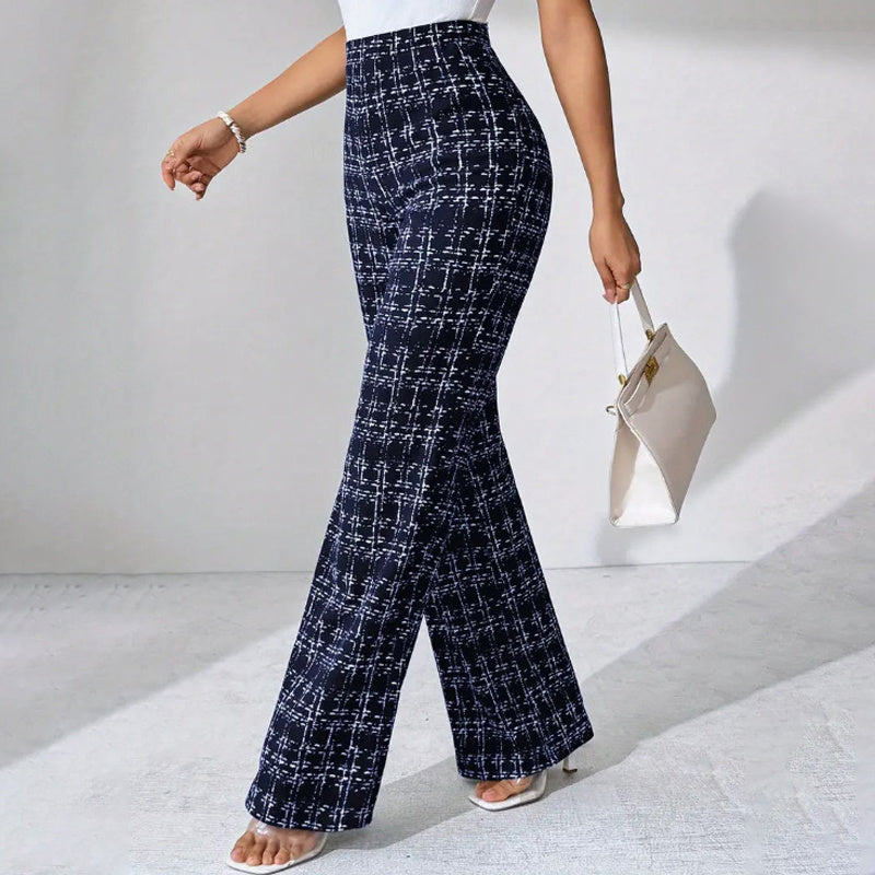 Women's Printed Check High-Waisted Straight Leg Pants - Office Casual Trousers For Spring&Fall