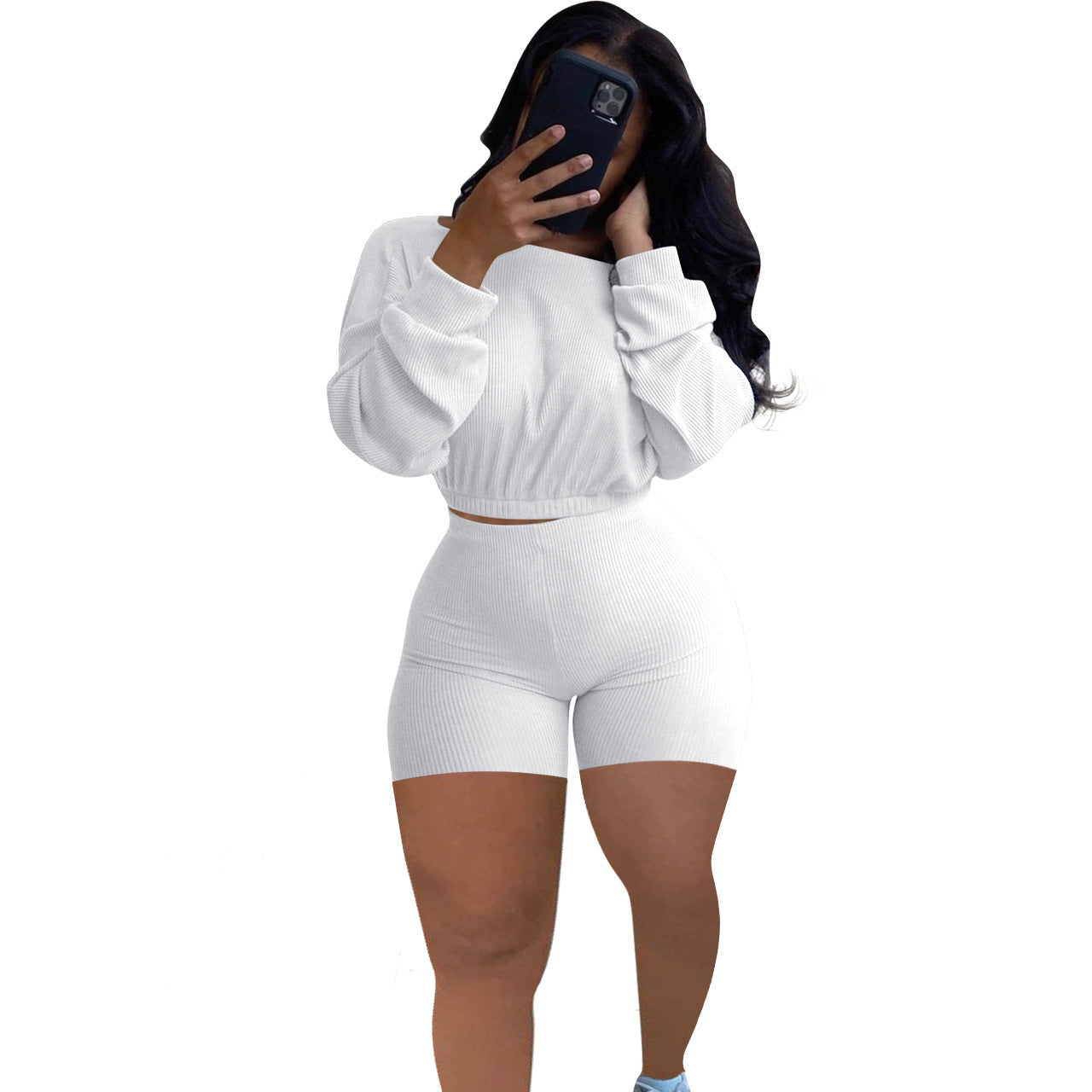 Sunken Stripe Solid Color Off-the-shoulder Two-piece Set