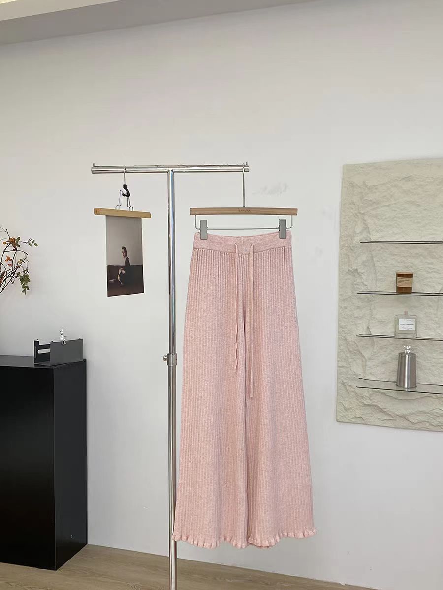 Wooden Ear Elastic High Waist Lace-up White Knitted Fabric All-match Wide Leg Pants