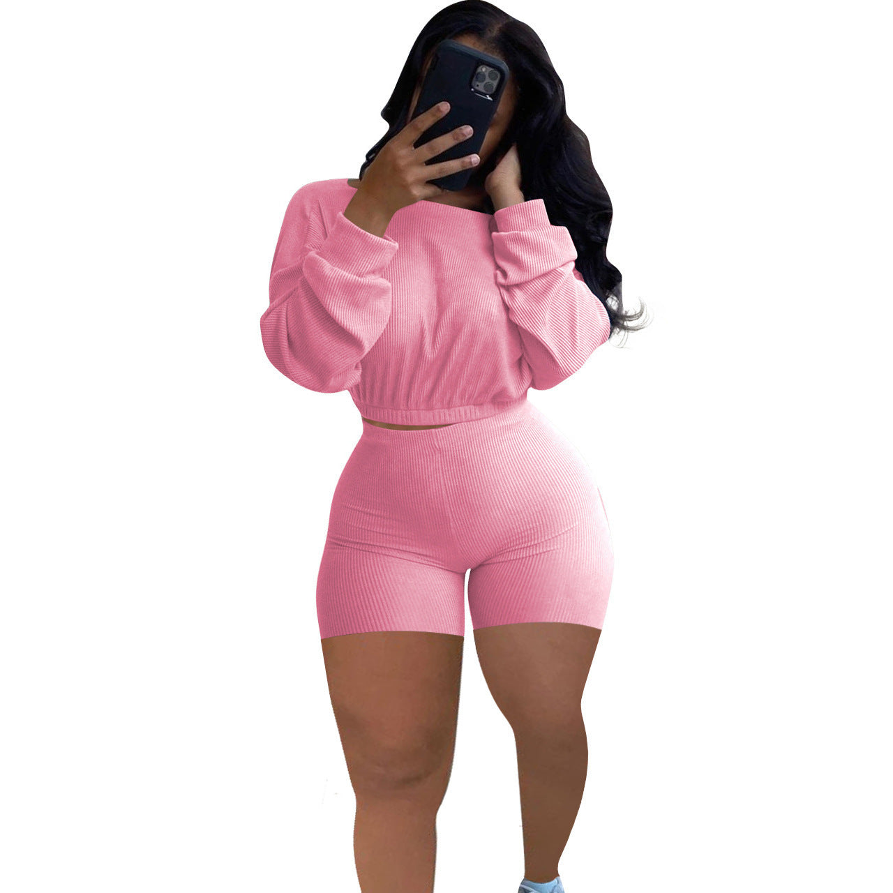 Sunken Stripe Solid Color Off-the-shoulder Two-piece Set