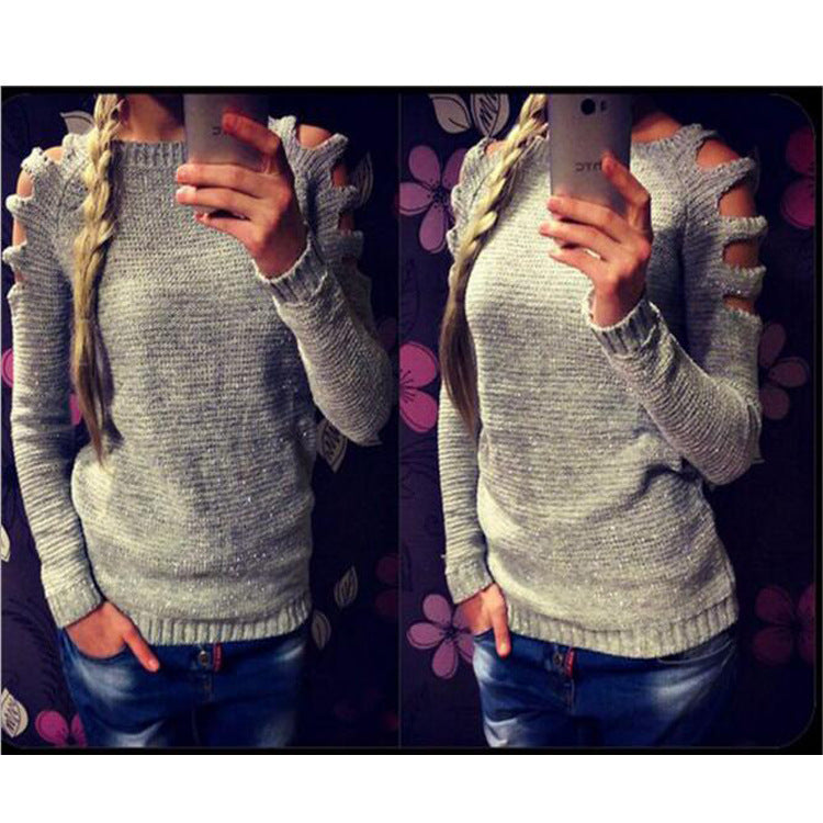 Women's Solid Color Round Neck Hollow-out Long-sleeved Knitted Bottoming Shirt