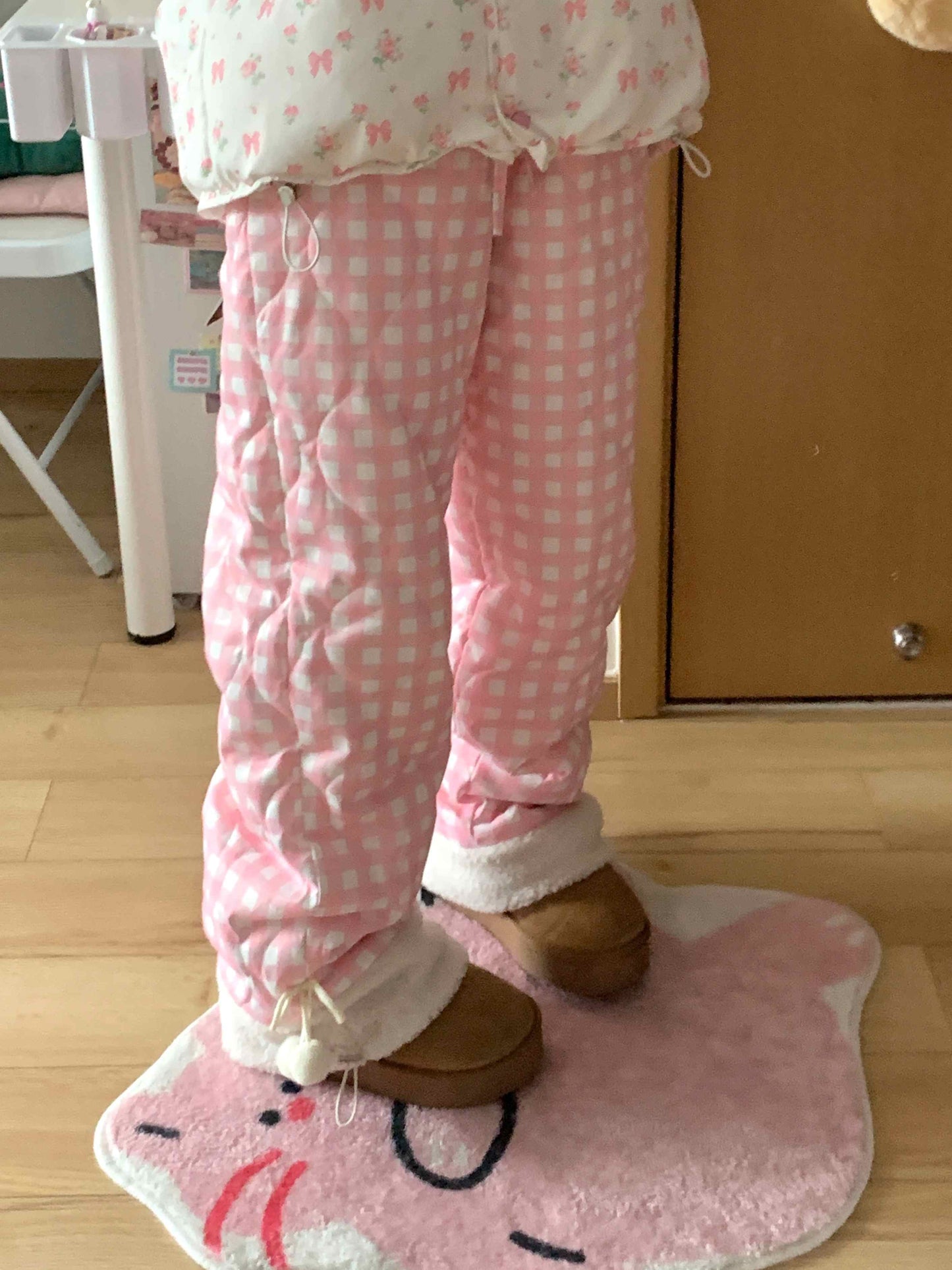 Korean Style Floral Insulation With Thick Fleece And Cotton Pants For Women