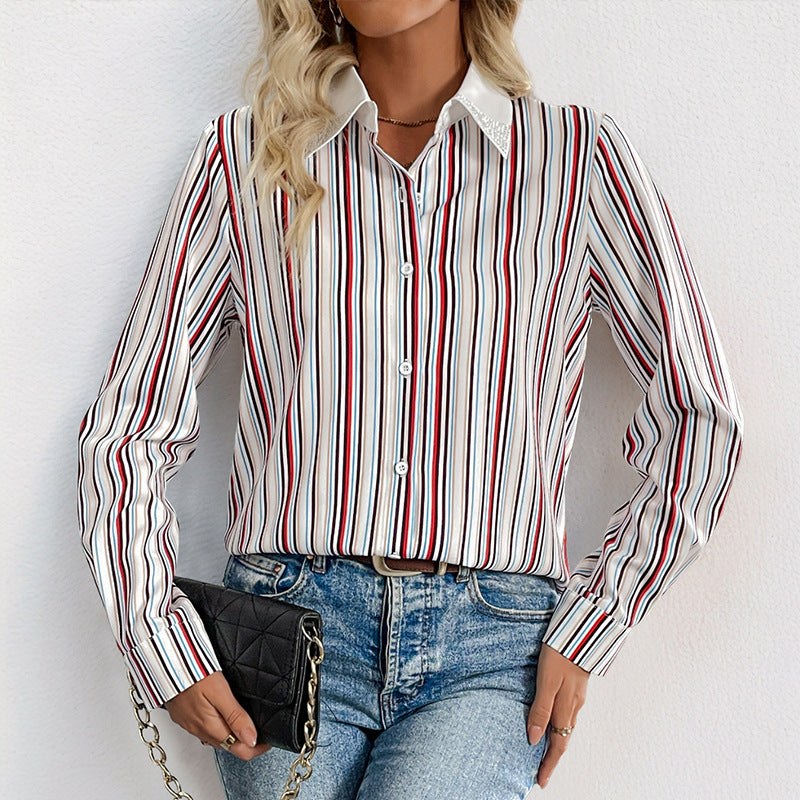 Lapel Color Vertical Striped Shirt For Women
